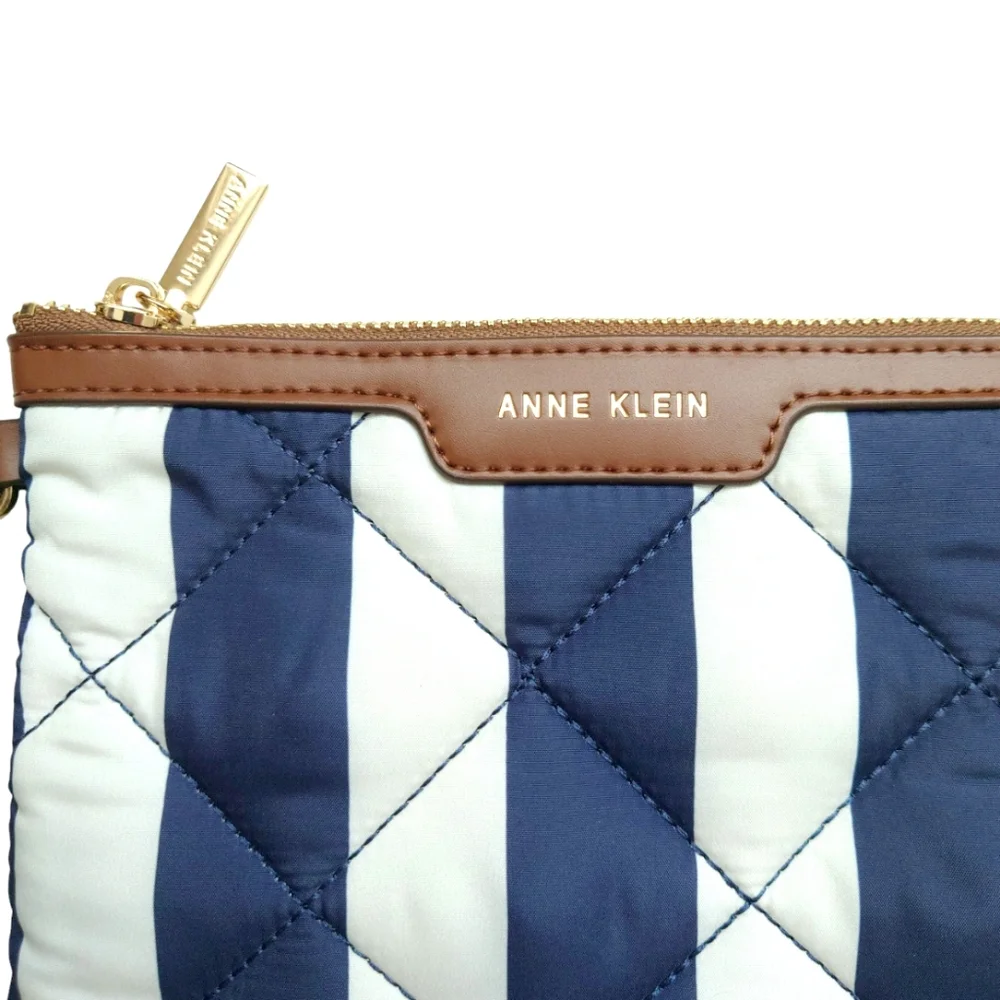 ANNE KLEIN Quilted Wristlet Pouch White Navy Stripes Faux Brown Leather Trim